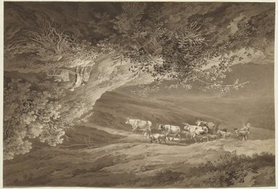 Eine Landschaft mit einer Herde Kühe und Ziegen, überragt von einer anderen Landschaft, kopfüber, mit einem Mann, der eine Schubkarre schiebt von Adrian Zingg
