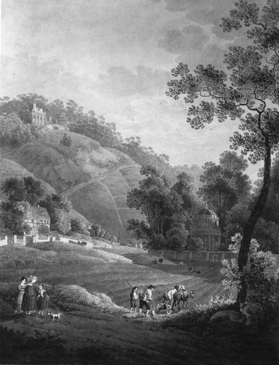 Blick auf Schloss Pillnitz mit dem Garten und der künstlichen Ruine, um 1792 von Adrian Zingg