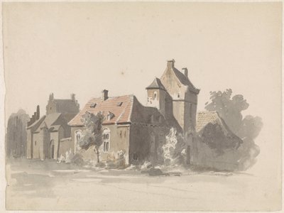 Ansicht einer Gruppe von Häusern mit Stadttor (?) von Adrianus Eversen