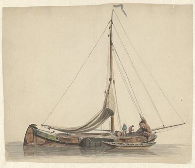 Zwei Männer arbeiten auf einem Plattbodenschiff mit gerefften Segeln von Adrianus Eversen