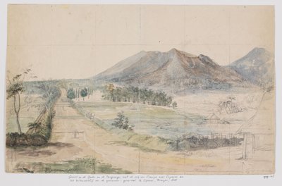 Blick auf die Vulkane Gedé und Pangrango, Straße Cianjur-Cipanas und Landhaus des Generalgouverneurs in Cipanas, Priangan, West-Java von Adrianus Johannes Bik