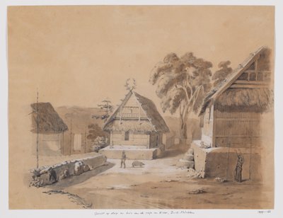 Ansicht des Dorfes und des Hauses des Raja von Kisar, Süd-Molukken von Adrianus Johannes Bik