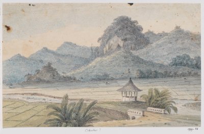 Landschaft bei Cibodas mit Brücke und Pavillon, West-Java von Adrianus Johannes Bik