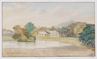 Landschaft mit Wohnhaus und Teich, West-Java von Adrianus Johannes Bik