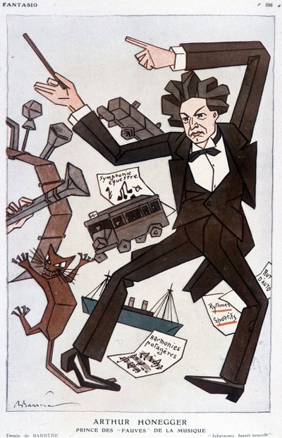 Karikatur von Arthur Honegger „Prinz der Fauves der Musik“, Schweizer Komponist (1892-1955) - von Barrère, in „Fantasio“ vom 01.01.1930 von Adrien Barrere