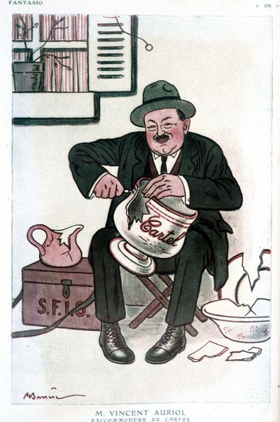 Herr Vincent Auriol, Cartel Raccommodeur: humoristische Zeichnung über Vincent Auriol (1884-1938), über die SFIO und das Cartel des gauche. Zeichnung von A. Barrere - in „Fantasio“ vom 15.02.1929 von Adrien Barrere