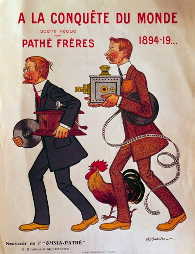 Plakat über die Pathe-Brüder: „A la conquete du monde“ Charles Pathe und sein Bruder Emile mit Phonographen und Projektoren. Illustration von Adrien Barrere (1877-1931) 20. Jahrhundert Paris, Bibliothek des Arsenal von Adrien Barrere