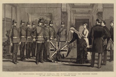 Das Vierundzwanzigste Regiment bei Isandlwana, Ihre Majestät dekoriert die wiedererlangten Farben des ersten Bataillons im Osborne House von Adrien Emmanuel Marie