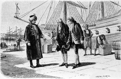 Gravur von Adrien Moreau (1843-1906), die „Candide“ von Francois Marie Arouet, genannt Voltaire (1694-1778), illustriert von Adrien Moreau