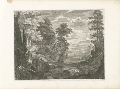 Wasserfall mit einer Stadt im Hintergrund (Vier Landschaften in Böhmen) von Aegidius Sadeler (II) (attributed to)