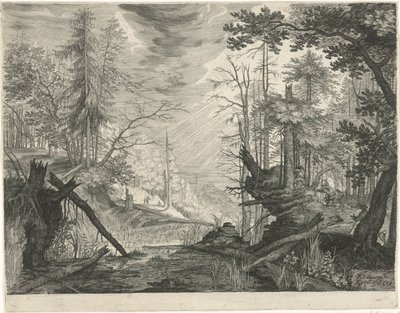 Drei Jäger an einem Fluss im Wald von Egidius  Sadeler (II)