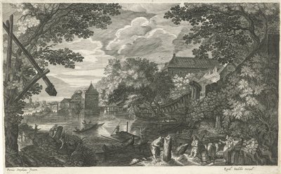 Flusslandschaft mit Fischern und Arbeitern (Acht Landschaften in Böhmen) von Egidius  Sadeler (II)