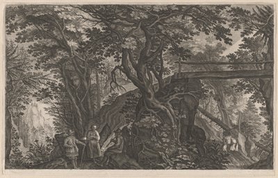 Reisende ruhen sich in einem Bergwald an einer Holzbrücke aus von Aegidius Sadeler II after Pieter Stevens