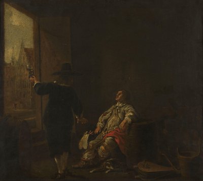 Schild eines Weingeschäfts, mit Weinverkostung auf der einen Seite und Weinabfüllung auf der anderen von Aelbert Cuyp (circle of)