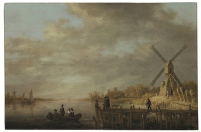 Eine Flusslandschaft mit einer Windmühle und vornehmen Leuten in einem Ruderboot und auf einem Steg im Vordergrund von Aelbert Cuyp