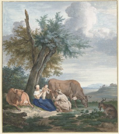 Bäuerin und Bauer mit Kind in einer Landschaft mit Vieh von Aert Schouman