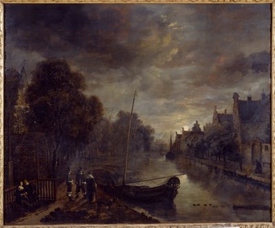 Ein Kanal in einer niederländischen Stadt bei Mondlicht von Aert van der Neer