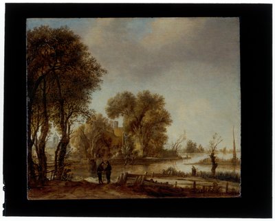 Flusslandschaft mit Männern, die sich auf einem Weg unterhalten von Aert van der Neer