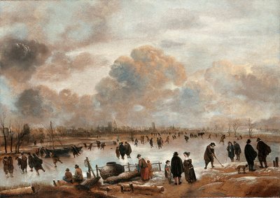 Eine Winterlandschaft mit Schlittschuhläufern und Stadtbewohnern auf einem zugefrorenen Wasserweg von Aert van der Neer