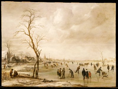 Eine Winterlandschaft mit Stadtbewohnern, die auf einem zugefrorenen Fluss Schlittschuh laufen und Kolf spielen, eine Stadt im Hintergrund von Aert van der Neer