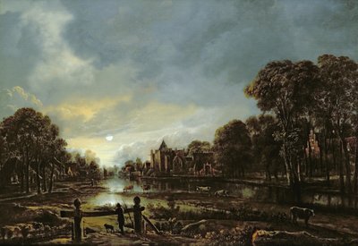 Mondbeschienene Flusslandschaft mit Hütten an den bewaldeten Ufern von Aert van der Neer
