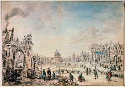 Winterlandschaft mit Schlittschuhläufern, niederländisches Gemälde des 17. Jahrhunderts von Aert van der Neer