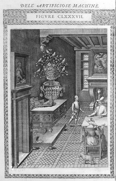 Brunnen mit singenden künstlichen Vögeln. Dies ist ein Projekt von Agostino Ramelli, gemäß „Diverse und Artificiosis Machine“. Mailand 1600. von Agostino (after) Ramelli
