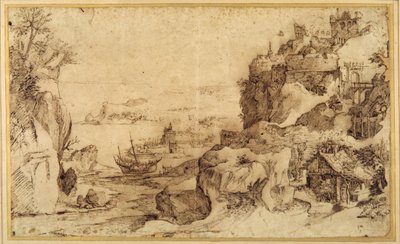 Abwärtsblick auf einen befestigten Hafen von Agostino (attr. to) Carracci