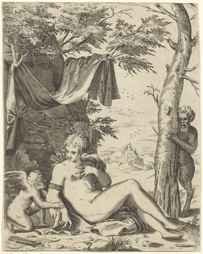 Venus, Amor und Satyr von Agostino Carracci (attributed to)