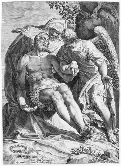 Pieta, Christus unterstützt von der Jungfrau und einem Engel rechts, 1582 von Agostino Carracci
