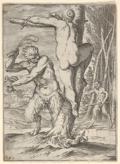 Satyr peitscht eine Nymphe, die von hinten gezeigt und an einen Baum gebunden ist von Agostino Carracci