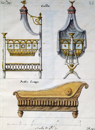 Babybett und Sofa, aus Lavori di falegname e Fabbro ideati e disegnati da me Agostino Fantastici, Manuskript 3, Tafel 38 von Agostino Fantastici