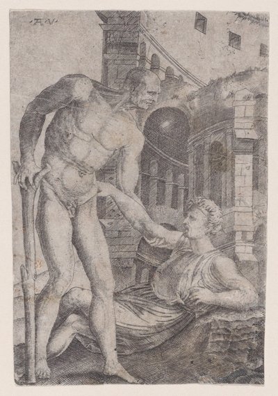 Ein Mann hilft einem anderen auf die Beine, ca. 1514-36 von Agostino Veneziano