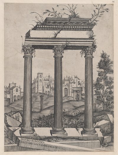 Speculum Romanae Magnificentiae: Tempel des Antoninus und Faustina, 16. Jahrhundert von Agostino Veneziano.