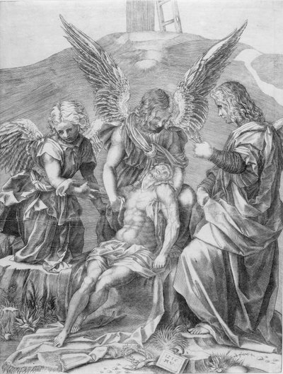 Der Leib Christi, unterstützt von drei Engeln, 1516 von Agostino Veneziano