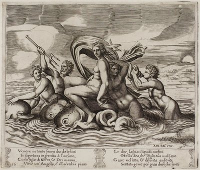 Psyche wird in ihrem Bad von unsichtbaren Nymphen bedient von Agostino dei Musi