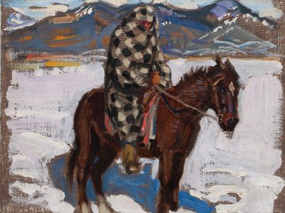 Ureinwohner auf einem Pferd im Schnee von Akseli Gallen-Kallela