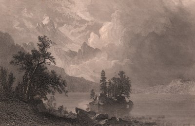 Ansicht des Lake Esther, Sierra Nevada, Kalifornien, Vereinigte Staaten, Stahlstich von Robert Hinshelwood nach einem Gemälde von Albert Bierstadt, ca. 19x14 cm von Albert Bierstadt