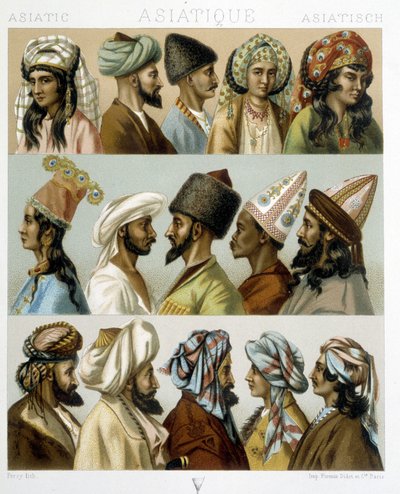Asiatische Frisuren - in „The historical costume“ von Racinet, Ende des 19. Jahrhunderts von Albert Charles August Racinet