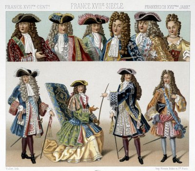 Kostüme und Frisuren des französischen Adels im 18. Jahrhundert. Illustration in „Le costume historique“ von Racinet von Albert Charles August Racinet