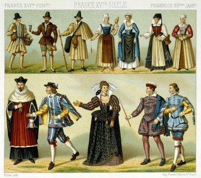 Kostüme des Adels und Volkstrachten Frankreichs im 16. Jahrhundert. Chromolithographische Platte - in „Le costume historique“ von Racinet von Albert Charles August Racinet