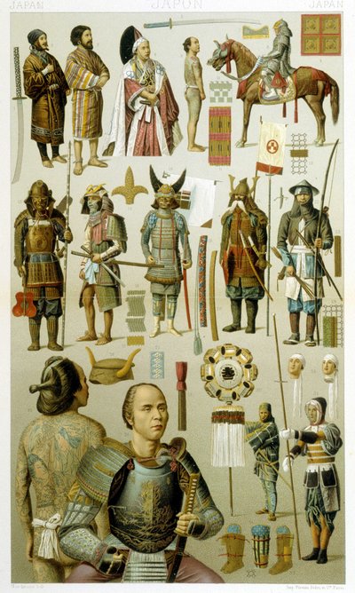 Japanische Kriegerkostüme (Samoura oder Yakuza). Chromolithographische Tafel - in „Le costume historique“ von Racinet von Albert Charles August Racinet