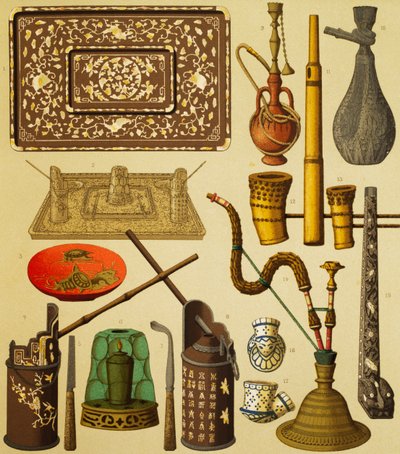 Pfeife und Gegenstände, die von Rauchern verwendet werden, Lithographie von Schmidt aus Die vollständige Kostümgeschichte, erster Band, von Auguste Racinet von Albert Charles August Racinet