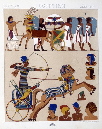 Reproduktion von Fresken des alten Ägypten, darunter Ramses II. auf seinem Wagen - in „Le costume historique“ von Racinet von Albert Charles August Racinet