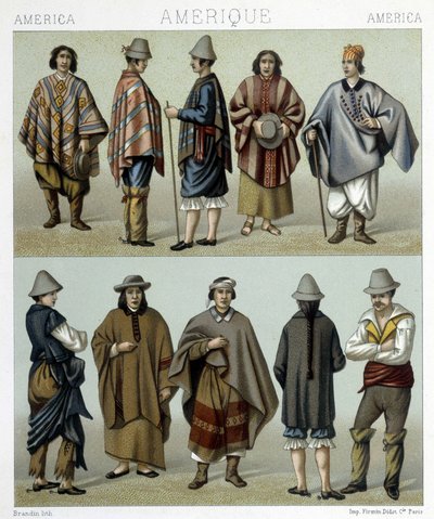 Traditionelle Kostüme von Chile. Illustration in „The historical costume“ von Racinet von Albert Charles August Racinet