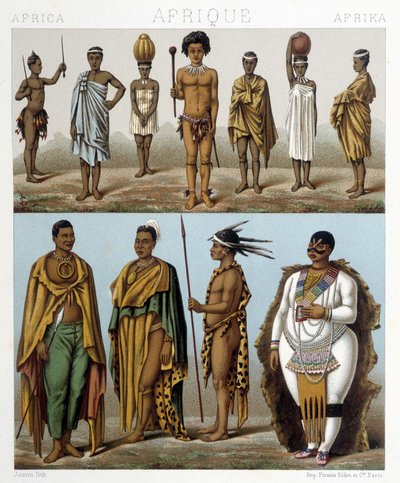 Verschiedene Männer aus dem südlichen Afrika. Illustration in „Le costume historique“ von Racinet von Albert Charles August Racinet