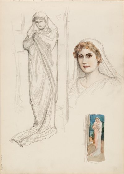 Aino Ackté als Alcestis, Skizze des Gesichts und zwei Ganzkörperskizzen von Albert Edelfelt