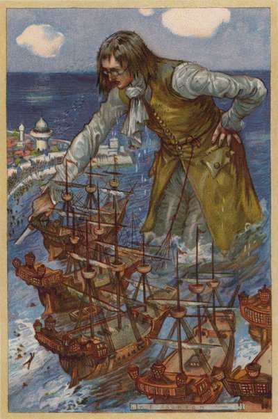 Gulliver erobert die Flotte der Blefuscudier (Chromolithografie) von Albert Edward Jackson