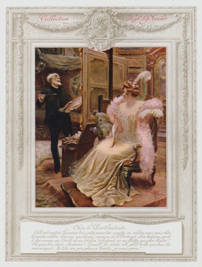 Belle Époque Paris, modische Dame lässt ihr Porträt malen (Farblithografie) von Albert Guillaume
