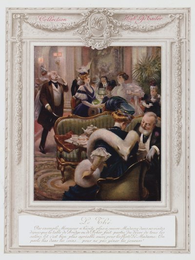 Belle Époque Paris, modische Dame beim Tee (Farblithografie) von Albert Guillaume